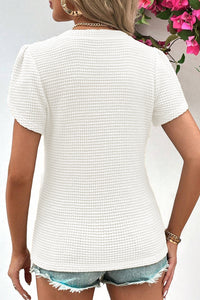 V Neck Petal Sleeve Waffle Knit T-Shirt