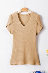 V Neck Petal Sleeve Waffle Knit T-Shirt