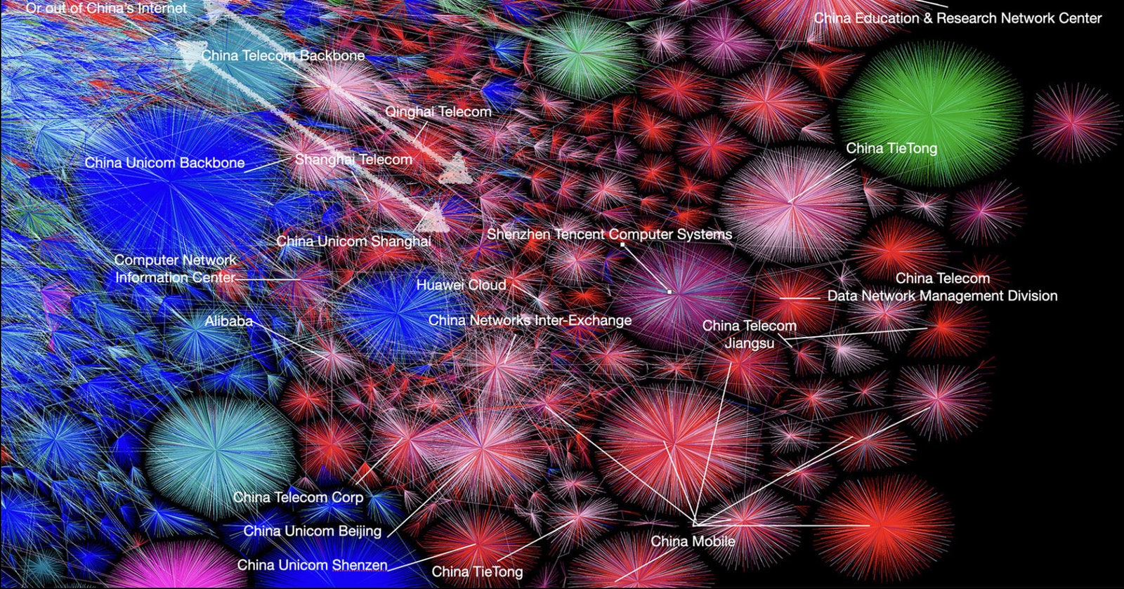 Detail of China’s networks show that all of the country’s networks branch from only two places. Cr: Barrett Lyon/The Opte Project