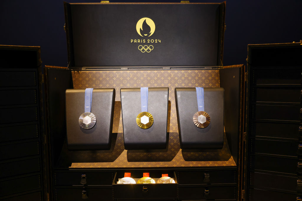 Olympic medals are displayed at Grand Palais Ephemere ahead of the presentation of the French team's Berluti outfits for the Paris 2024 opening ceremony on April 17, 2024 in Paris, France.