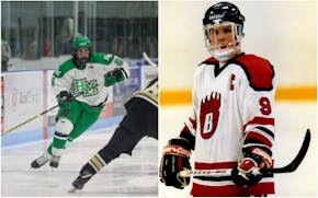 Brendan Bodin is hoping to help Hill-Murray win the Section 4AA hockey title. His father, Brian (right), was a standout for White Bear Lake, his son�