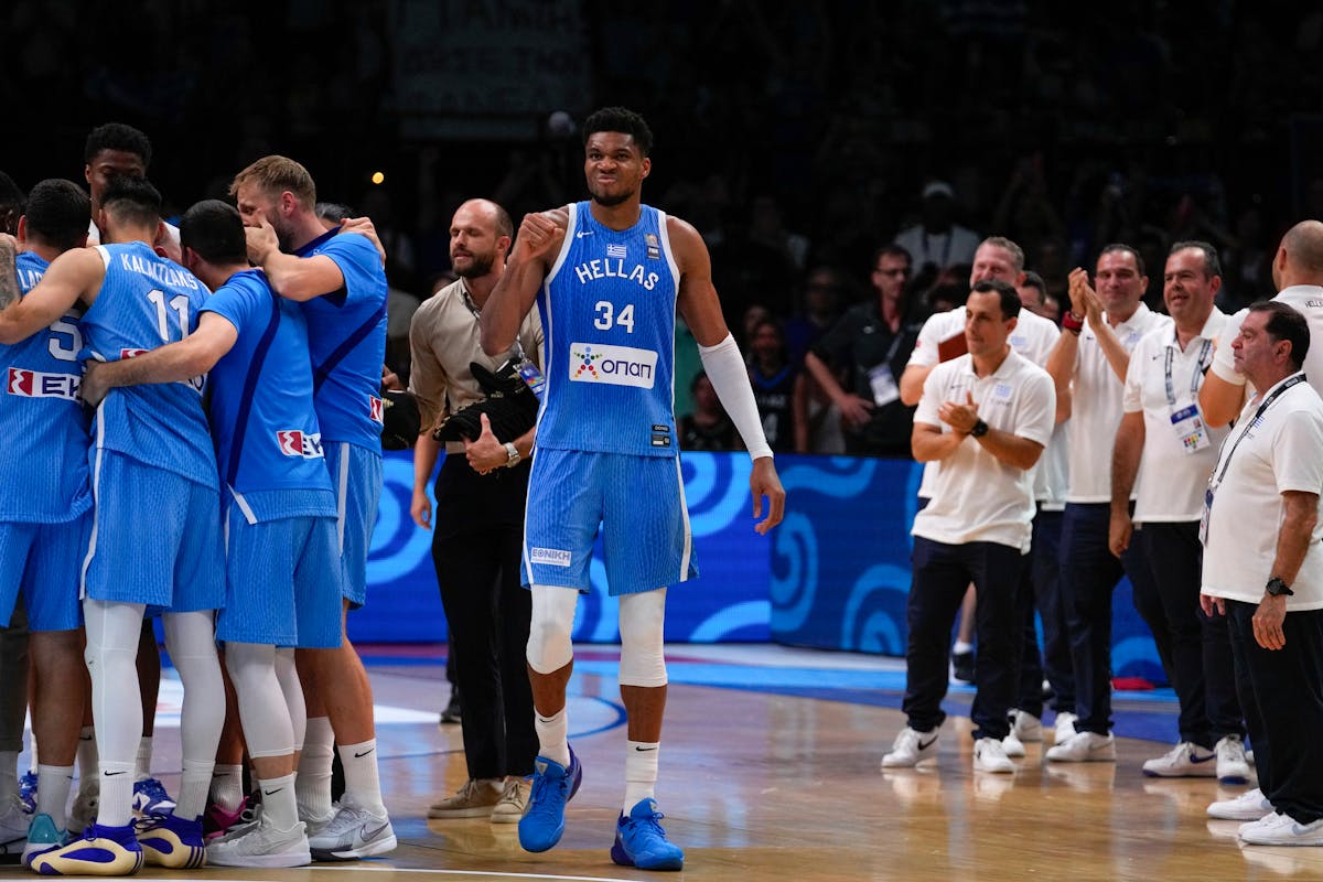 Greece's Giannis Antetokounmpo, reacts after his team qualified for the Paris Olympics, eliminating Croatia, in a FIBA qualifying basketball final Sun