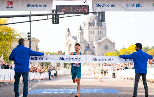 Yuya Yoshida crosses the finish line to win.