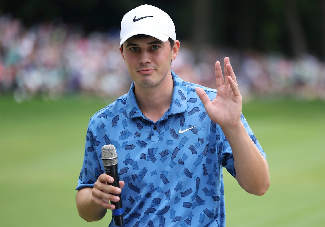 Davis Thompson speaks after his victory in the John Deere Classic on Sunday in Silvis, Ill.