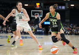 Lynx forward Napheesa Collier (24) and Liberty forward Breanna Stewart (30), seen May 25 at Target Center, each posted a double-double on Tuesday in N