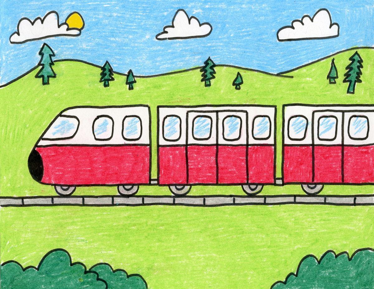 Easy How to Draw a Train Tutorial Video and Train Drawing Coloring Page