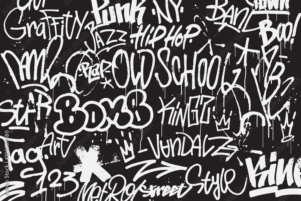 Graffiti tags background in black and white colors. Graffiti texture in  hand drawn style. Old school street art. Element for t-shirt design,  textile, banner. Vector illustration Stock Vector | Adobe Stock