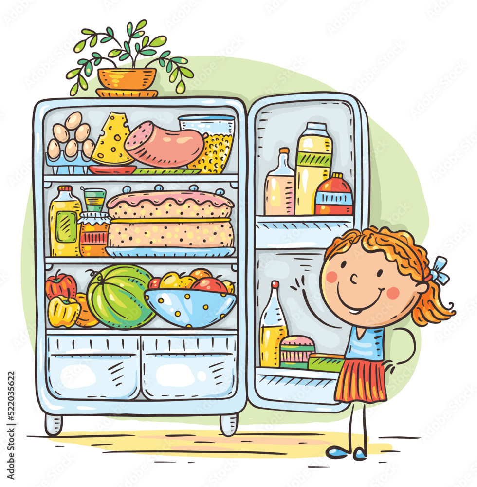 Vecteur Stock Cartoon kid and fridge with food, healthy eating or ...