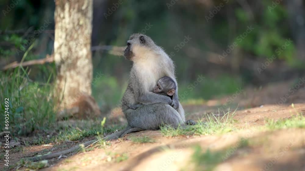 Vervet Monkey with baby, looking after and caring for and teaching the ...