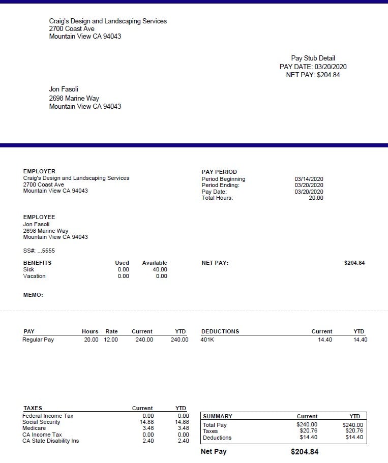 Quickbooks Pay Stub Template Free