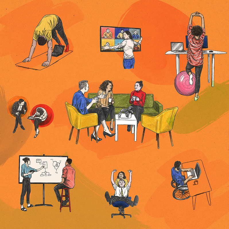 A montage of illustrations showing the different ways to work and interact in the office. A man on a yoga mat does the downward dog position while looking upside down at a laptop that’s open underneath his body. Another woman is hugging a video monitor on which we can see six attendees of a videoconferencing meeting. Another woman stretches and rests her knee on a balance ball while working at a standing desk. Three women sit together, drinking from coffee mugs and chatting in a nook with couches and chairs and a table with a houseplant on it. A man and a woman huddle in conversation while sitting close together in two rounded chairs; the woman holds a tablet. A man sits on an elevated stool, watching as a woman sketches out an idea on a whiteboard. A man sitting in a wheeled office chair flings his arms and legs in the air while a female colleague pushes his chair around. A man in a wheelchair sits at a desk drinking coffee and working on a laptop.