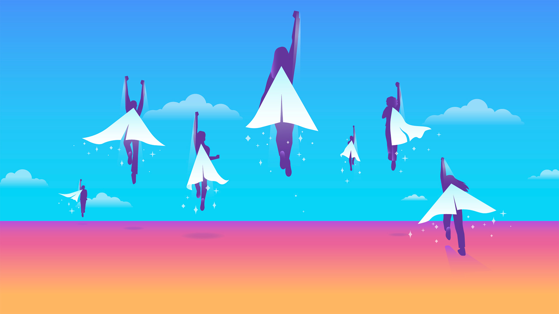 A colorful illustration of people being launched or boosted into the sky with capes that remind the viewer of cursor pointers.