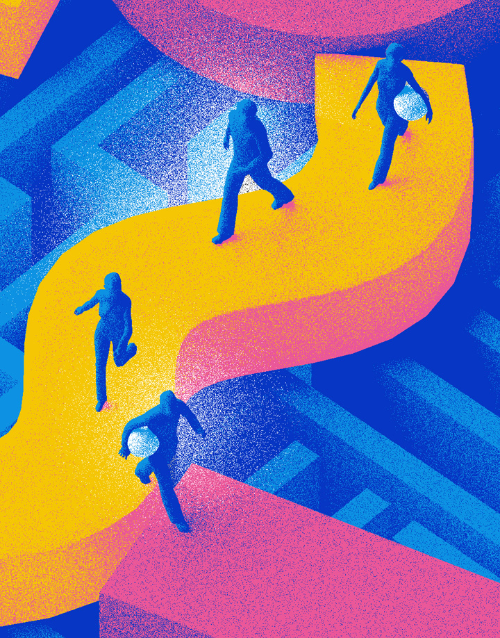  A colorful illustration of people walking across a curved surface that sits above a more complex maze