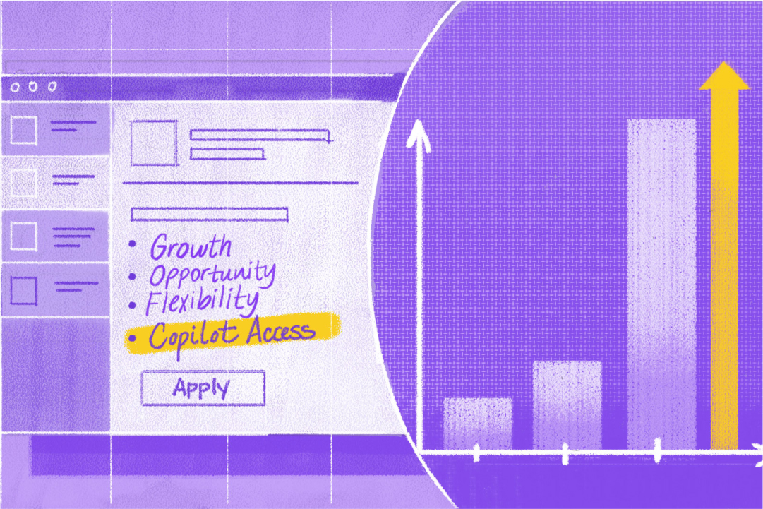 An illustration showing a job application indicating that the job seeker cares about Copilot access as well as things like growth and opportunity