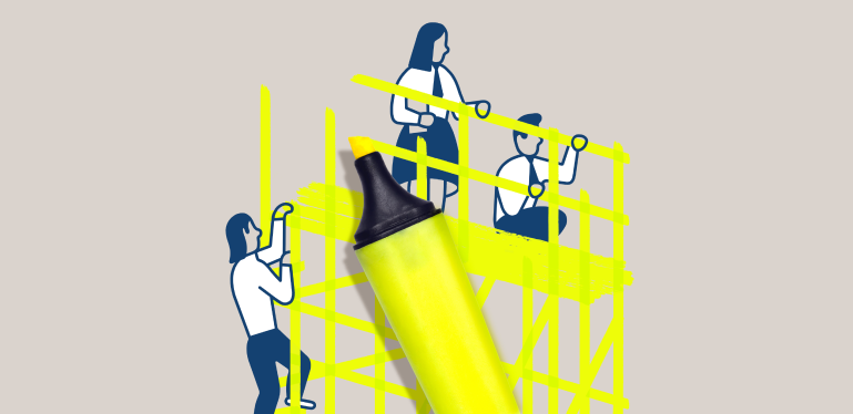 An illustration of workers on construction scaffolding. The scaffolding is drawn with yellow highlighter, evoking the office environment.