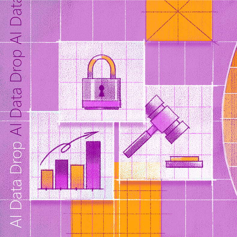 A colorful abstract illustration of icons that represent different professions, including the legal field and cybersecurity.
