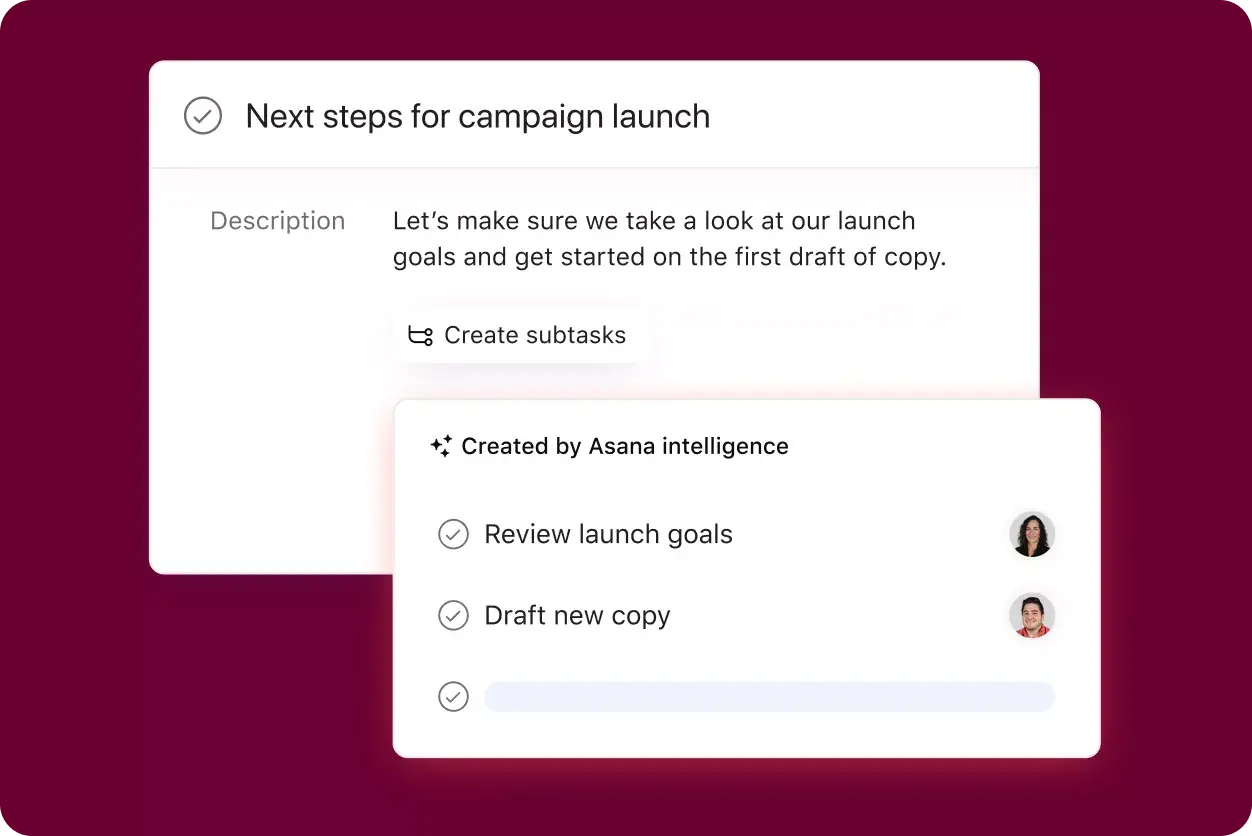 Asana-product-UI die weergeeft hoe Asana Intelligence subtaken 'Lanceringsdoelen beoordelen' en 'Nieuw concept opstellen' maakt op basis van de bovenliggende taak "Laten we kijken naar onze lanceringsdoelen en aan de slag gaan met het eerste concept."