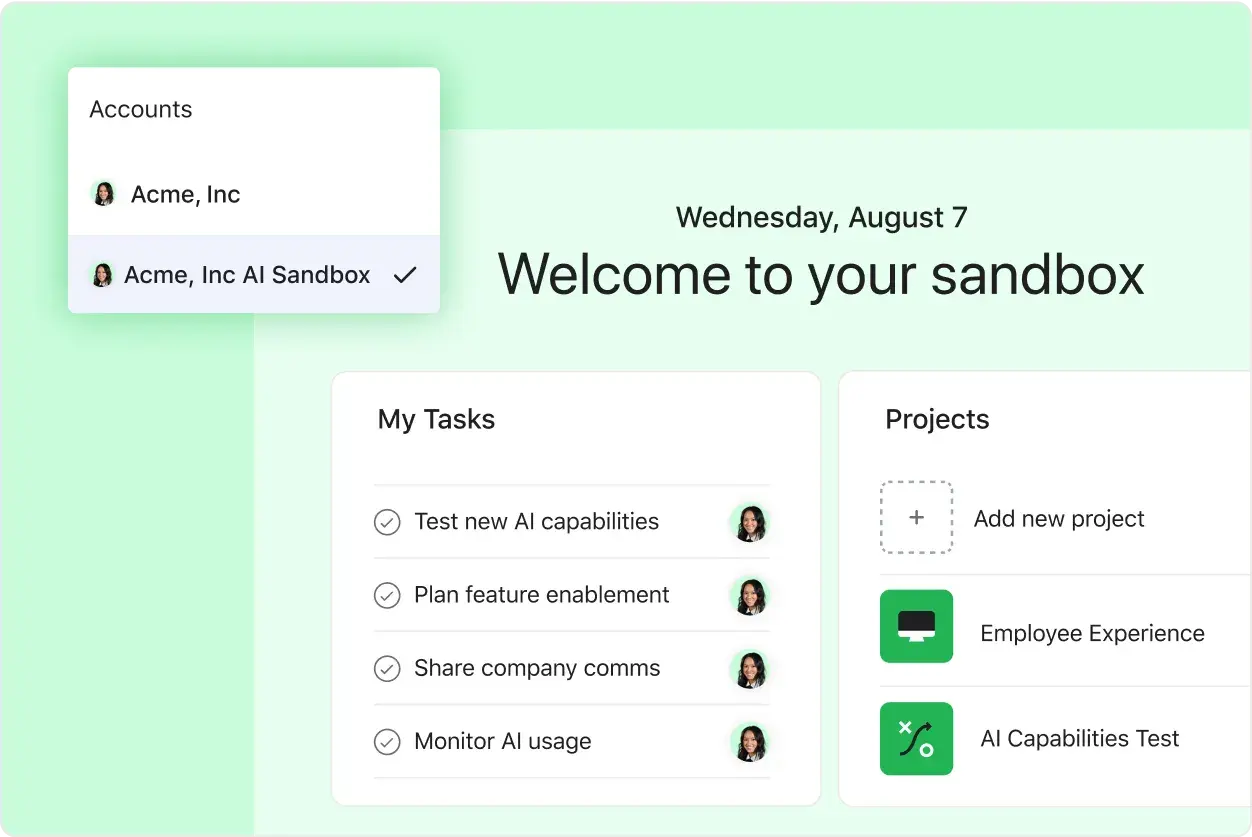 Product UI showing a user's ability to toggle between their business account and their feature testing sandbox 