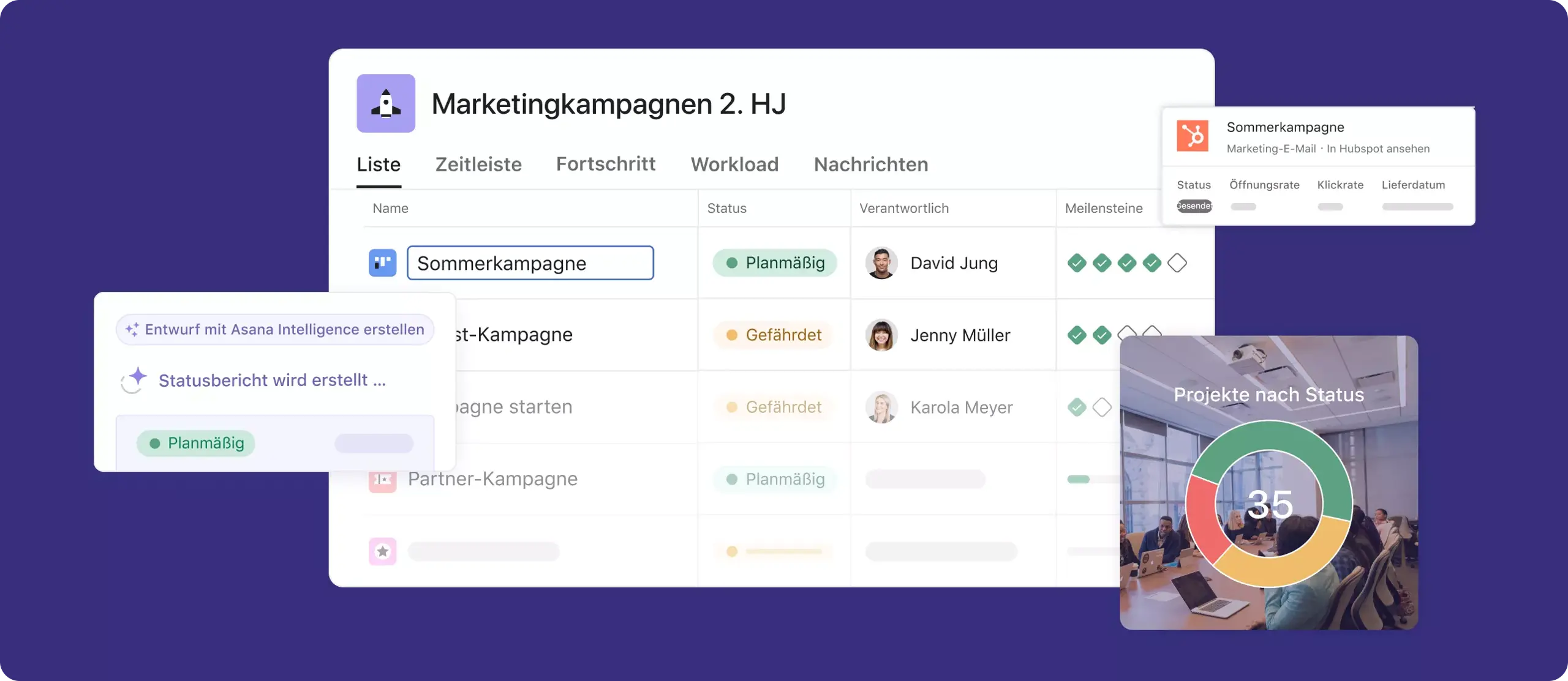 Hero-Bild für das Kampagnenmanagement von Marketing-Kampagnen in einer Asana-Produkt-UI 