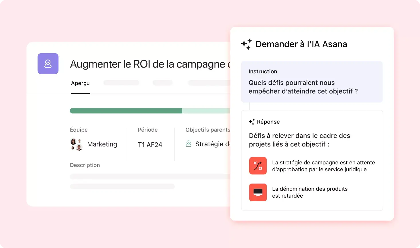 Interface utilisateur produit Asana montrant l’IA Asana répondant à l’invite « Quels sont les défis qui pourraient nous empêcher d’atteindre un objectif de projet »