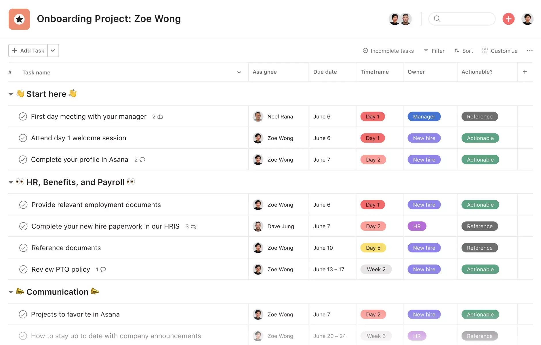 [Product UI] Asana employee onboarding template example (Lists)