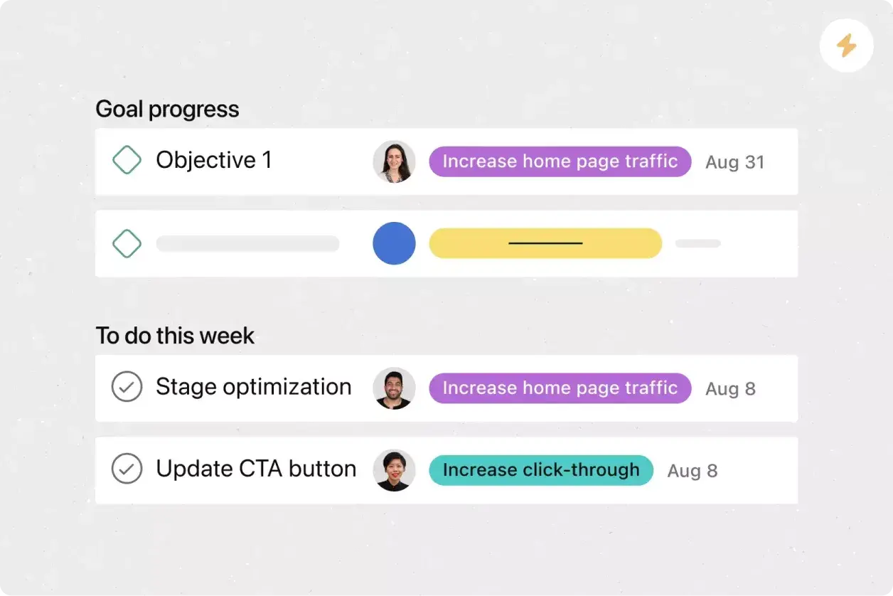 Goal progress list: Asana product UI