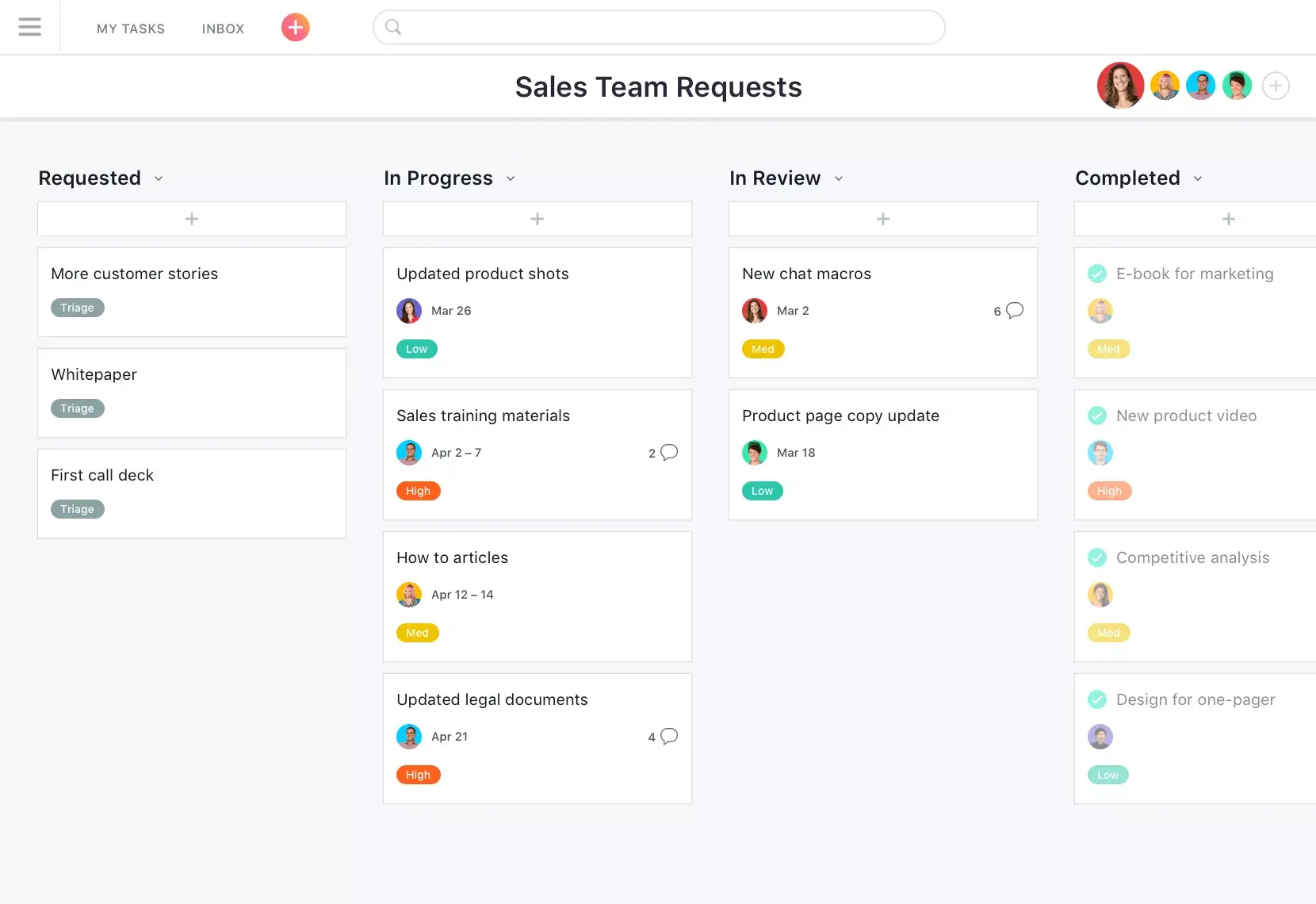 Asana-product-UI verkoopteamverzoeken