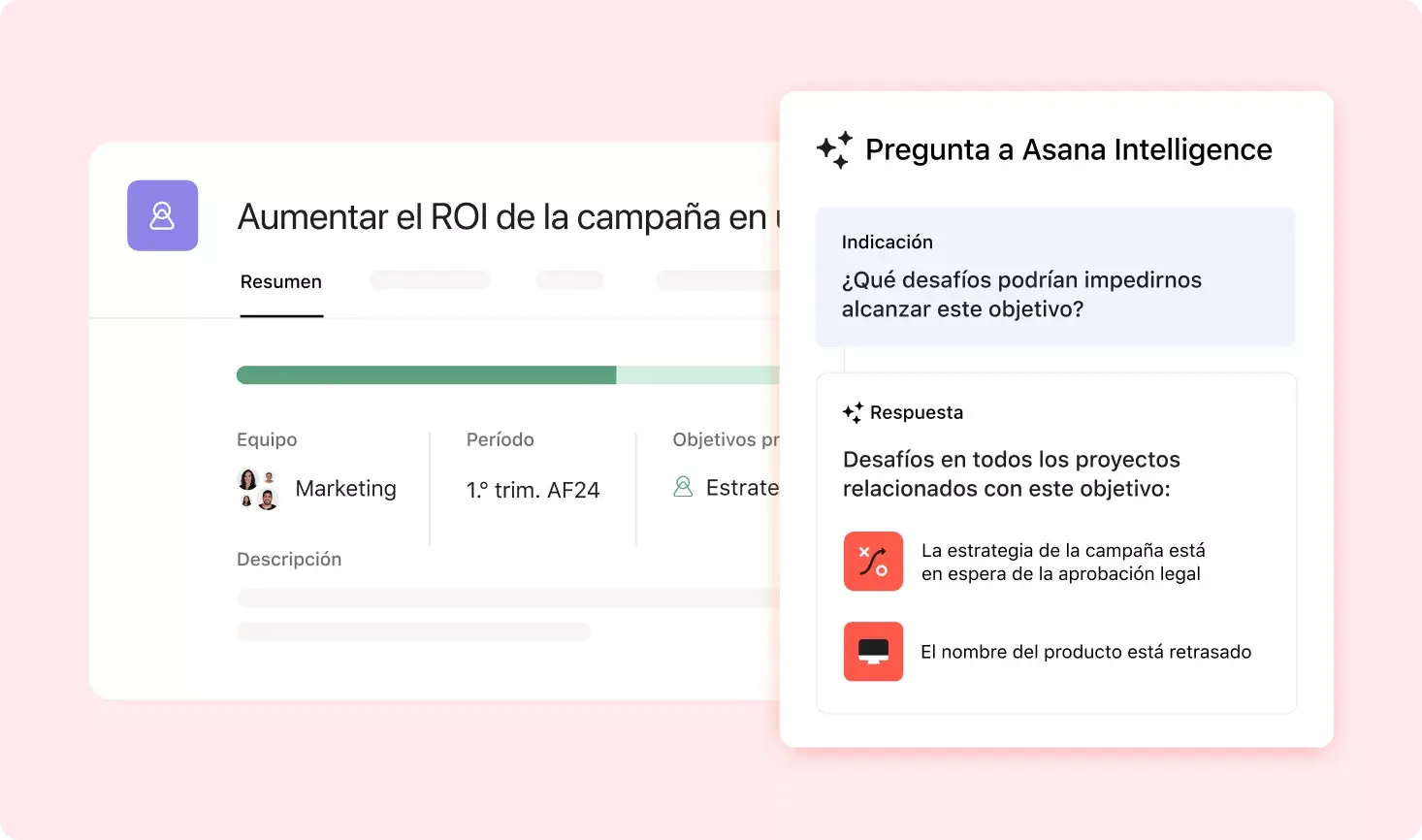 Interfaz de usuario de Asana donde se muestra a Asana Intelligence respondiendo a la pregunta “¿Qué desafíos podrían impedirnos alcanzar el objetivo de un proyecto?”.