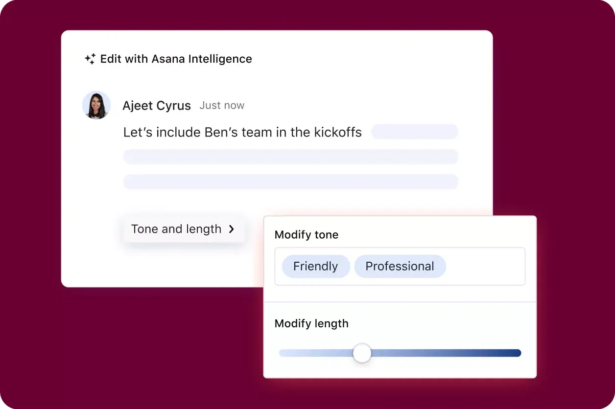 Asana-product-UI die een Asana Intelligence-functie weergeeft waarmee een gebruiker een antwoord kan wijzigen dat in Asana is getypt op toon en lengte van de inhoud. 