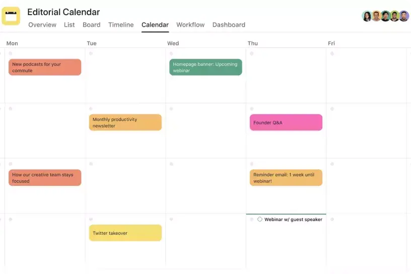 Editorial calendar Asana product UI