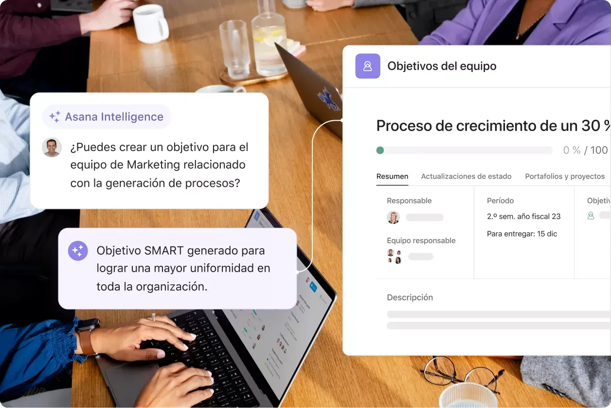 Grupo de empleados que trabajan en los objetivos del equipo: interfaz de usuario de producto de Asana