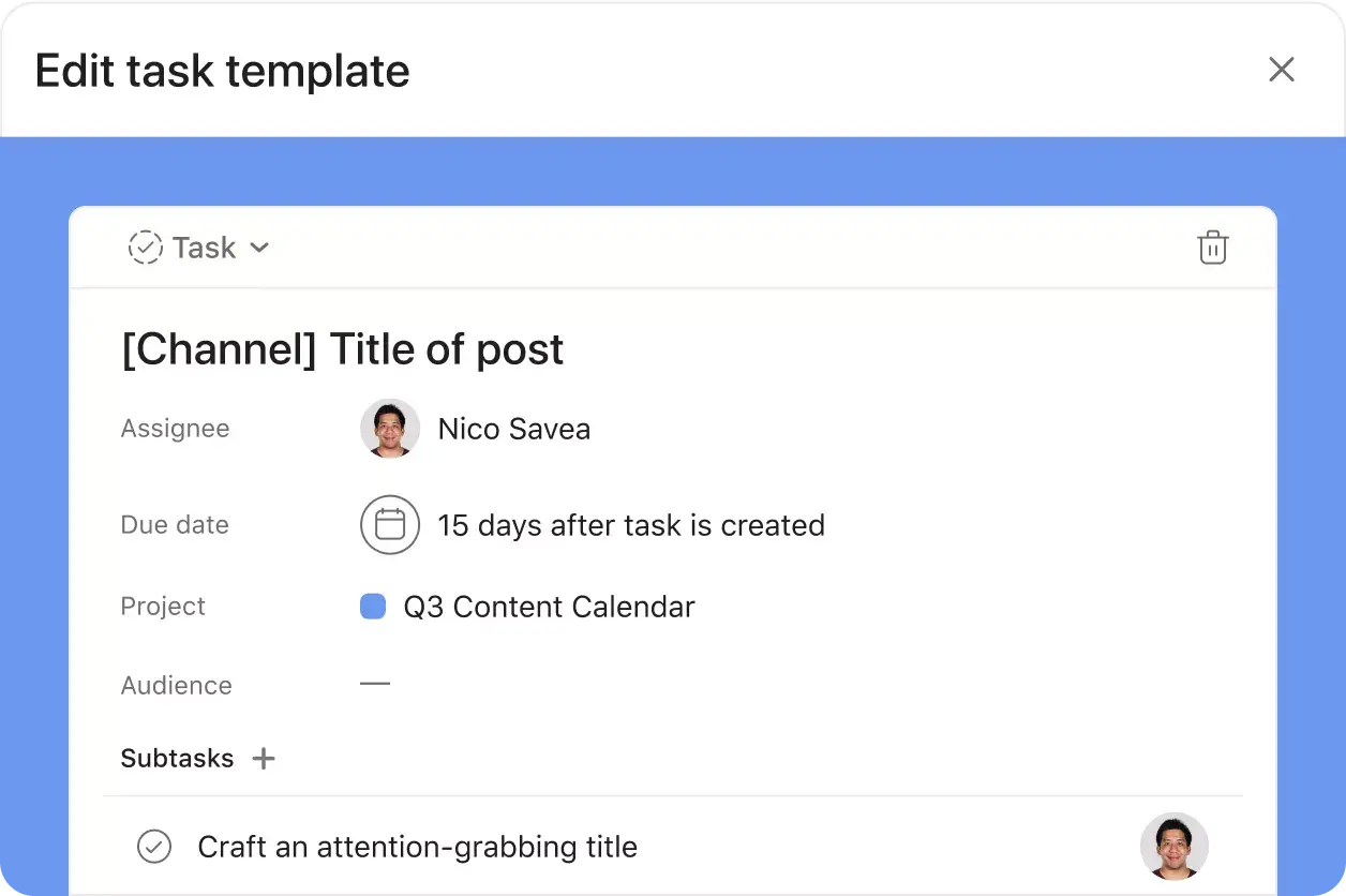 Edit task template Asana product UI