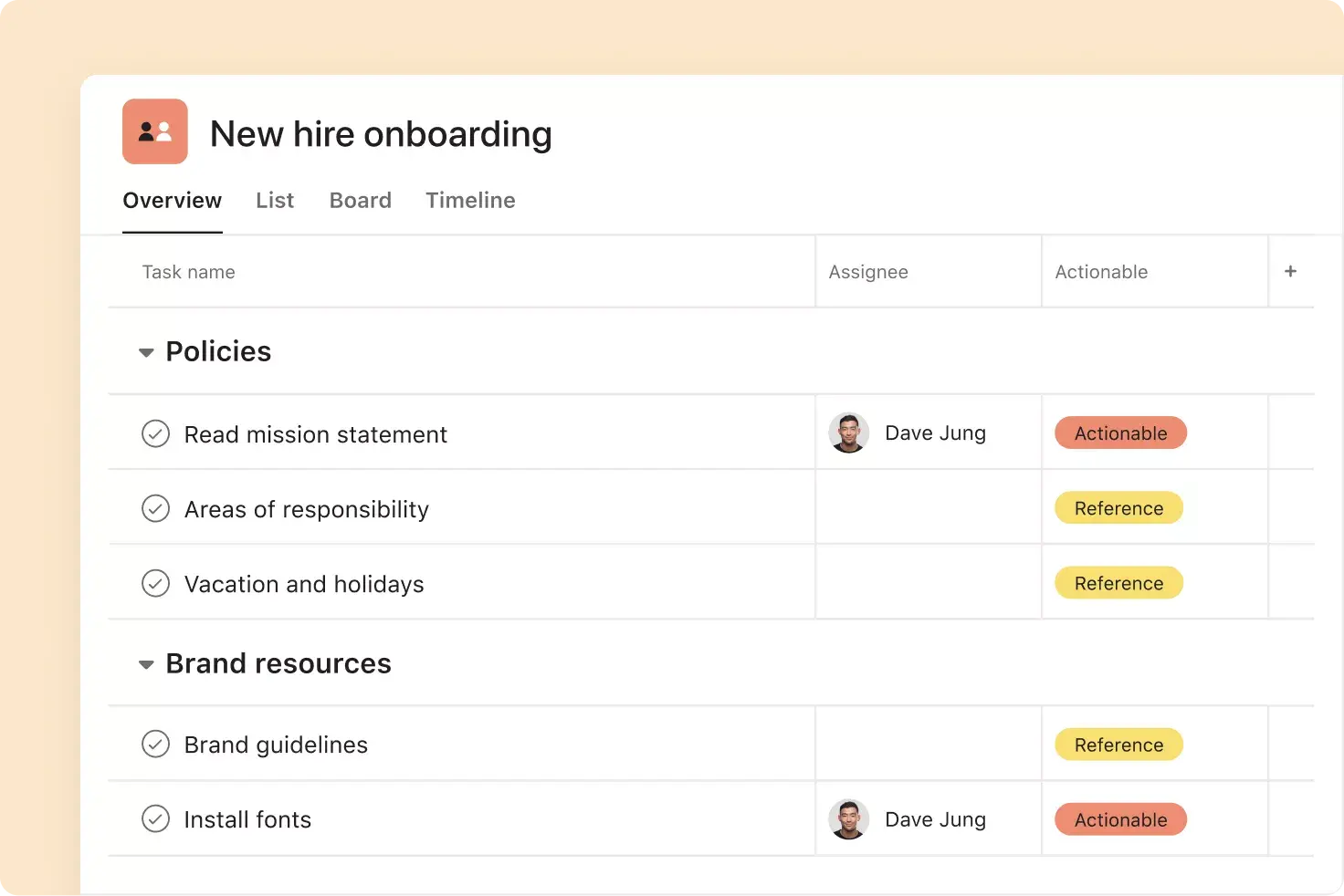 manage employee onboarding in Asana