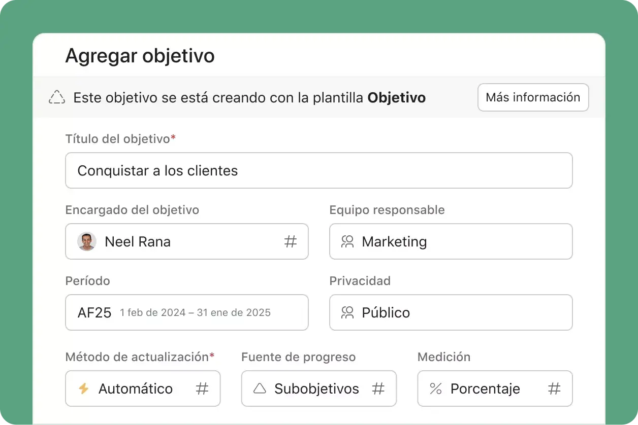 Objetivos en Asana: interfaz de usuario abstracta del producto