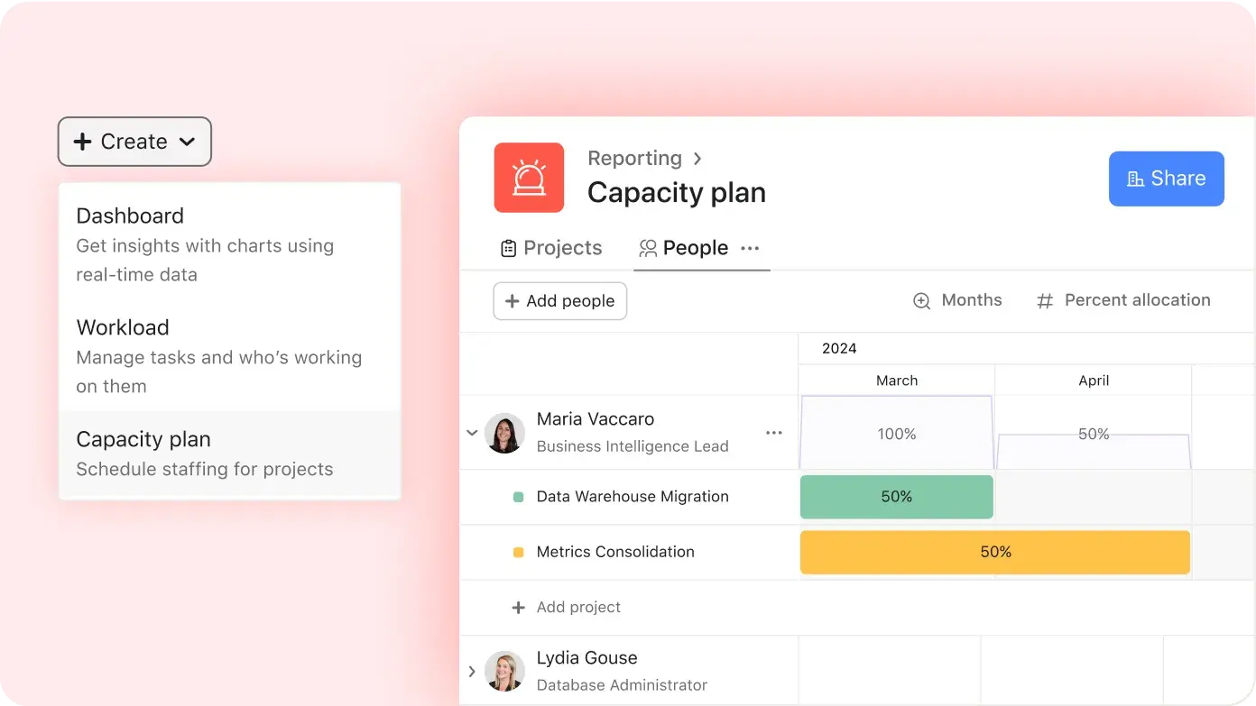 Product UI showing capacity planning reporting sorted by individual team members across all projects they are assigned to