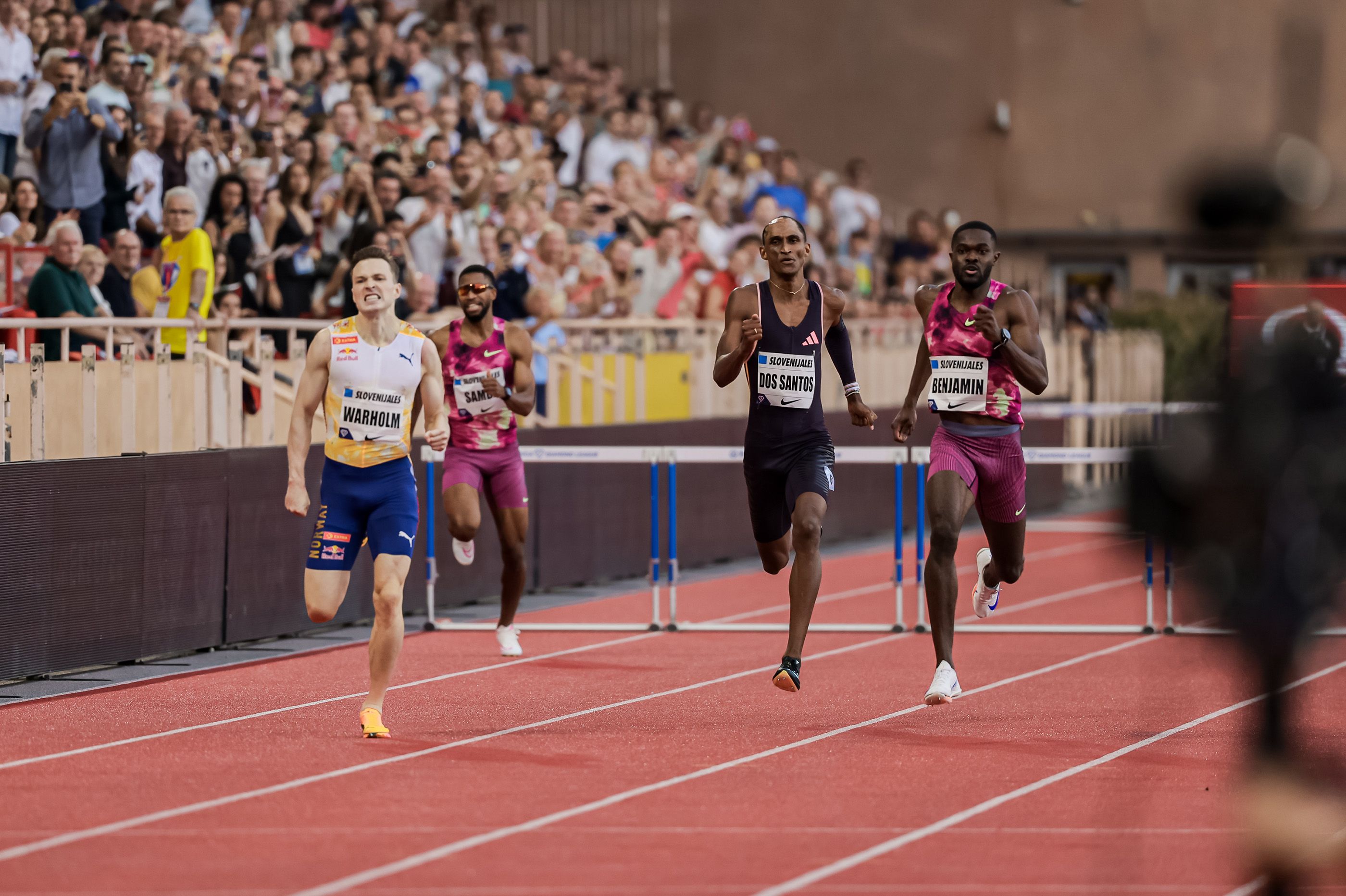 Karsten Warholm, Alison Dos Santos and Rai Benjamin battle in the Monaco 400m hurdles