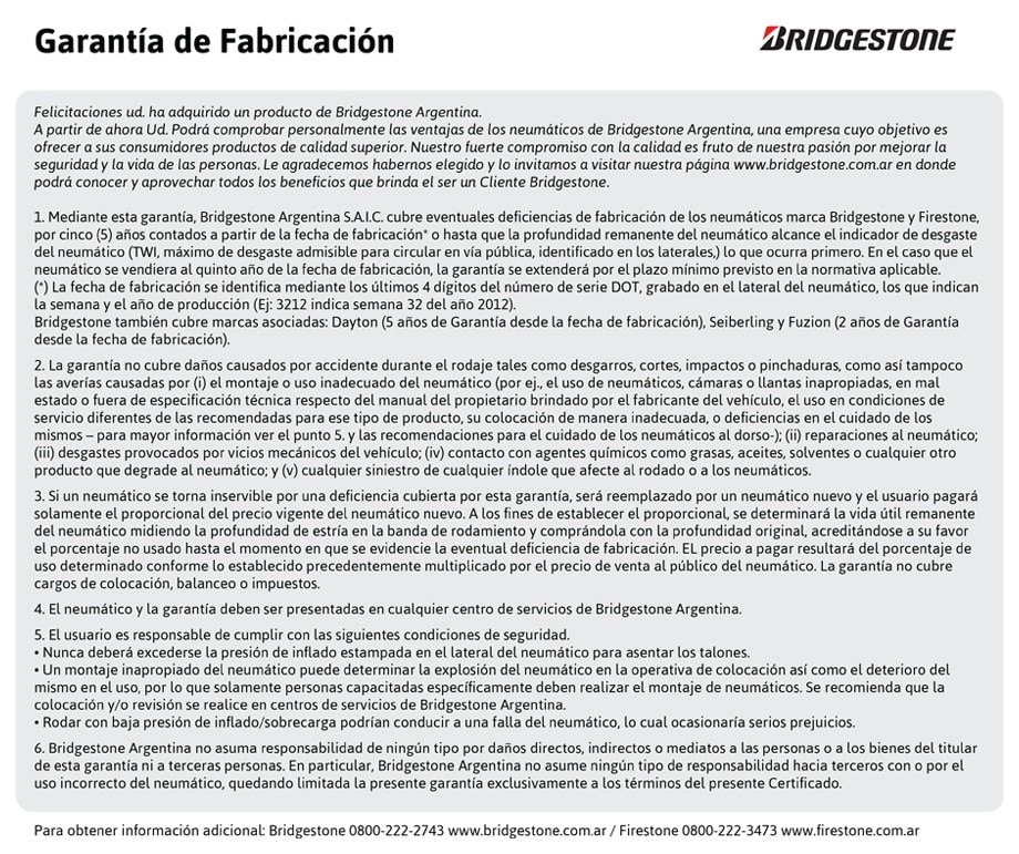 Términos y Condiciones de la Garantía de Fabricación Bridgestone