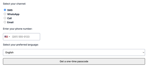 otp code exchange template view with phone number input and channel selection