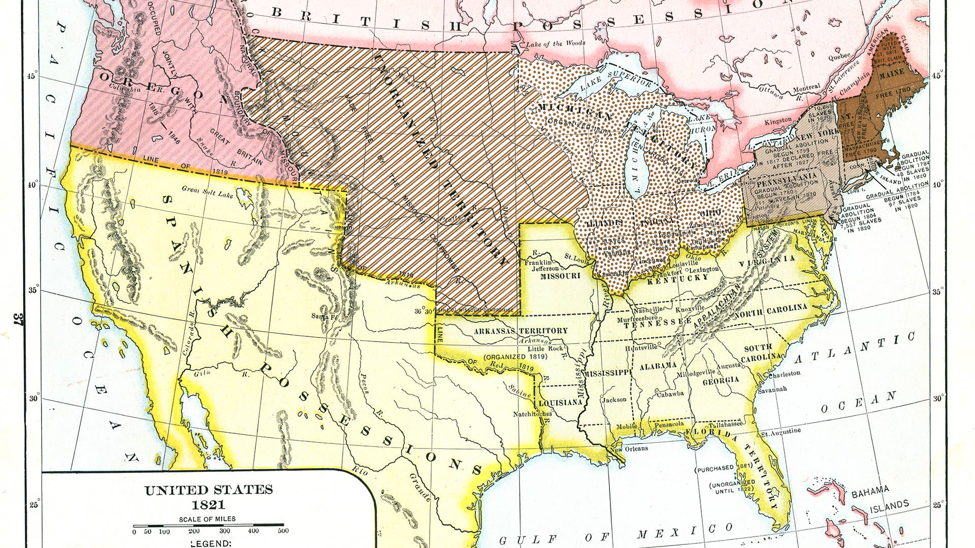 Map illustrates the status of slavery in the United States in 1821. Published in 1920, it shows Free States (brown), states undergoing gradual abolition (light brown), free states via the Ordinance of 1787 (dotted), free states via the Missouri Compromise (striped), and slave-holding states (yellow).