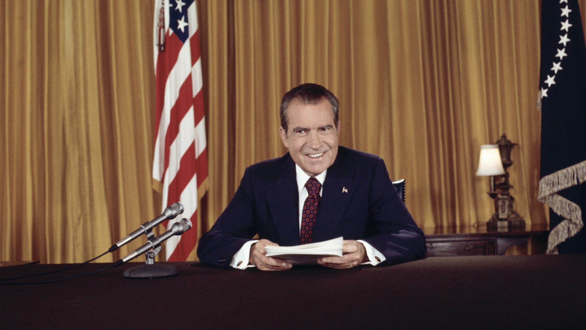 President Richard Nixon after Addressing Nation on Watergate(Original Caption) President Nixon, in a nationally televised address 8/15, asks for support against "those who would exploit Watergate in order to keep us from doing what we were elected to do." He also proclaimed his innocence of any complicity in the affair. Nixon posed for still photographers after the address, as no pictures were permitted during the telecast.