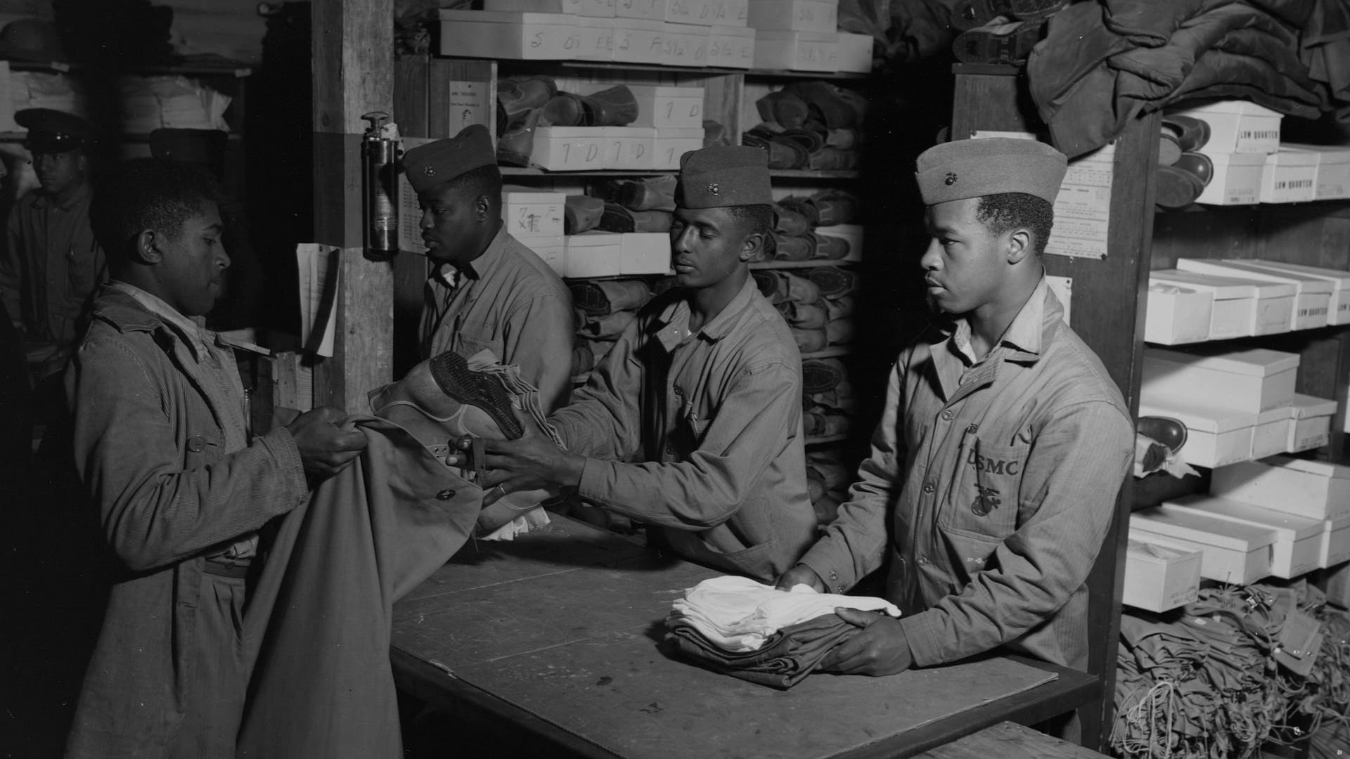 New African American recruits of the 51st composite Battalion, US Marine Corps. Camp Lejeune, New River, North Carolina, March 1943.