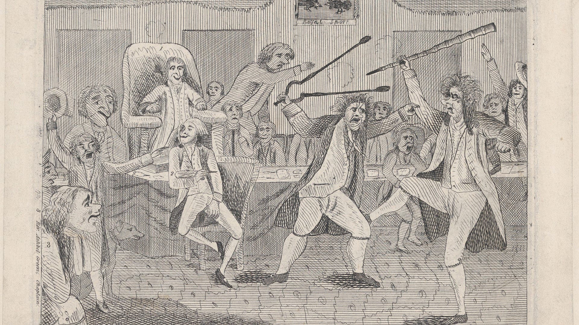 A cartoon portrays a fight on the floor of Congress between Vermont Representative Matthew Lyon and Roger Griswold of Connecticut. With tensions already high due to the controversy over the 1798 Alien and Sedition Acts, the fight was ignited by an insult from Griswold to Lyon.