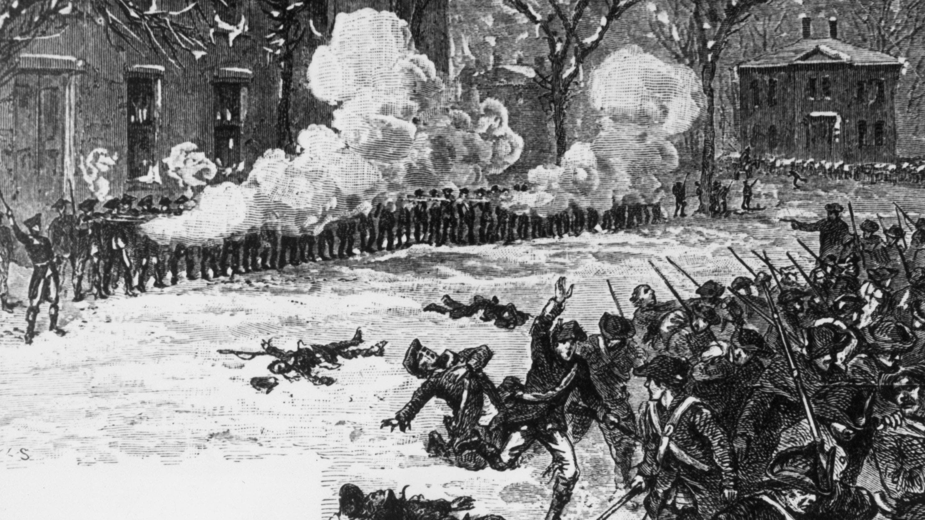 1786: American troops fighting rebels during Shay's rebellion in Western Massachusetts. (Photo by Hulton Archive/Getty Images)