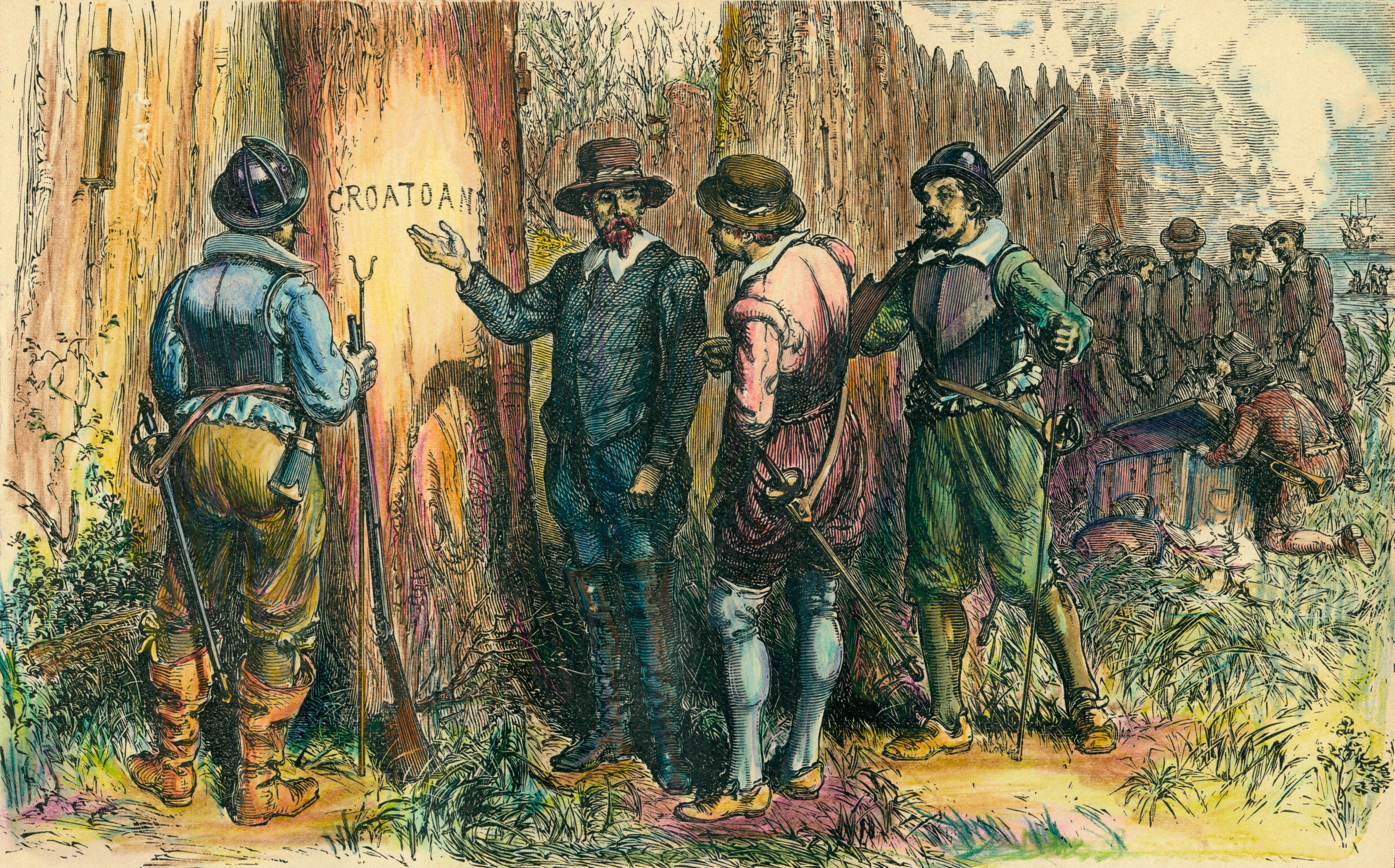 Illustration depicts John White (c1540 - c1593) and others as they find a tree into which is carved the word &#039;Croatoan,&#039; Roanoke Island, North Carolina, 1590. Three years previously, White had left a group of colonists on the island and returned to England for supplies, intending to return in a matter of months, but a variety of circumstances (not the least of which was Britain&#039;s war with Spain) prevented his immediate return. When he was able to get back to the colony, it had been abandoned with only the word on the tree as a clue (the nearby Hatteras Island was then known as Croatoan). (Photo by Stock Montage/Getty Images)