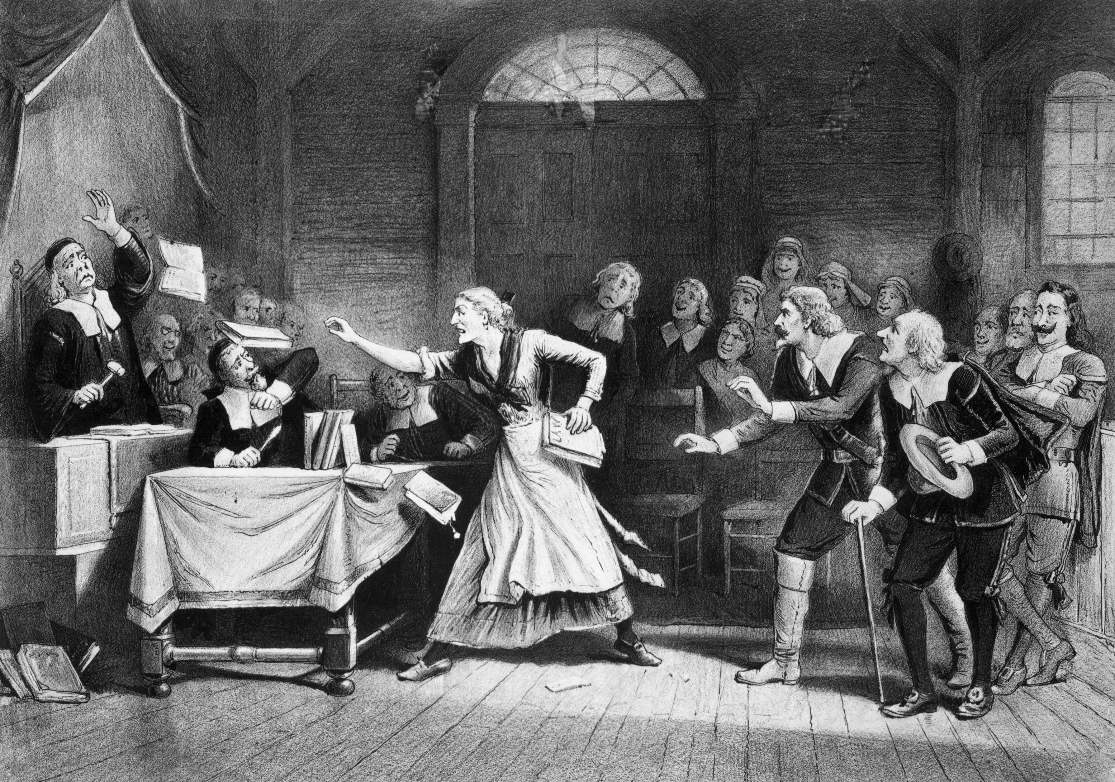 Witch trial in Salem, Massachusetts. Lithograph by George H. Walker.