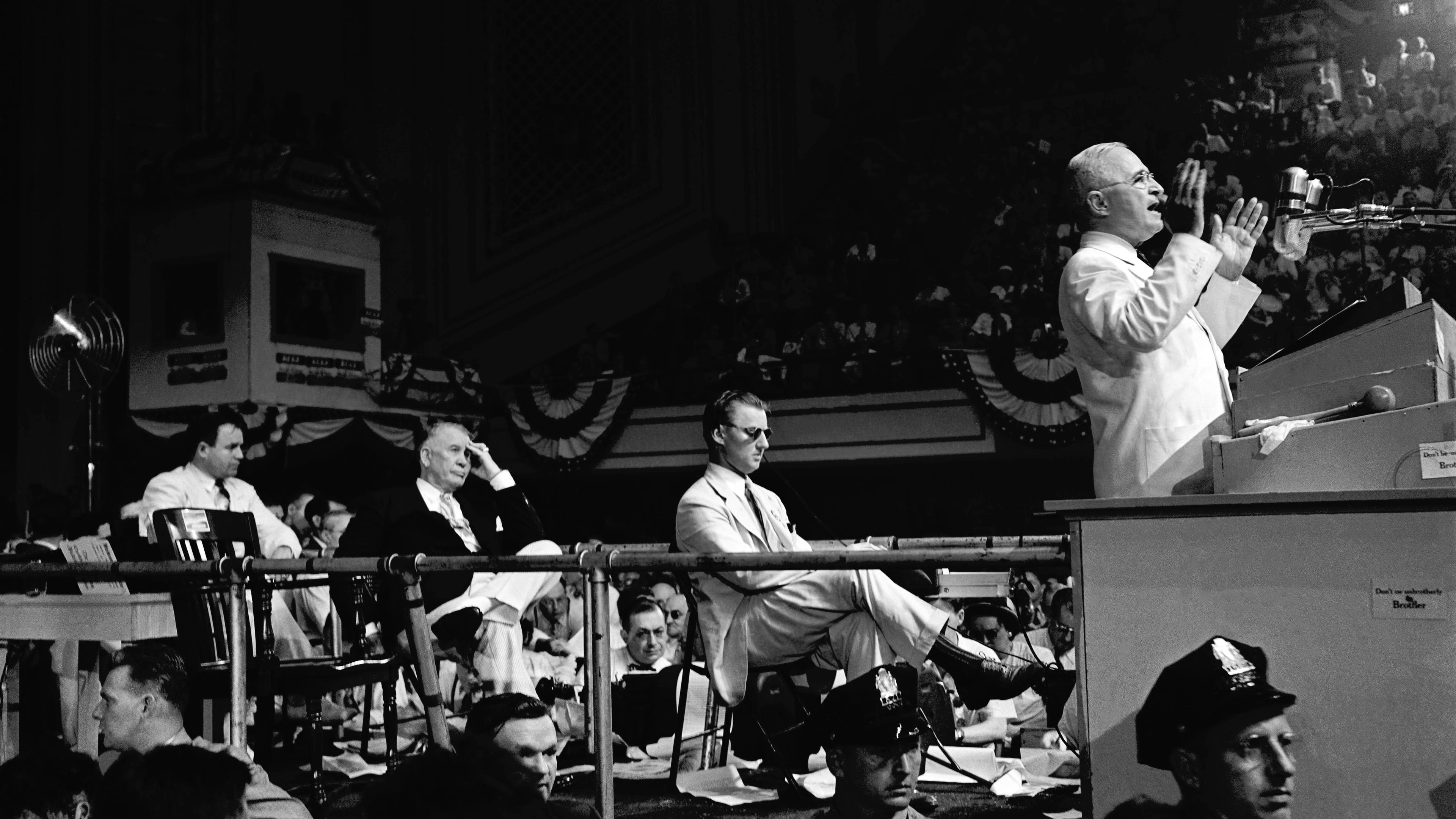 American politician and United States President Harry S. Truman (1884-1972) speaks from the dais at the Convention Hall as Vice President Alben W. Barkley (1877-1956) looks on during the Democratic National Convention on July 14, 1948 in Philadelphia, Pennsylvania.