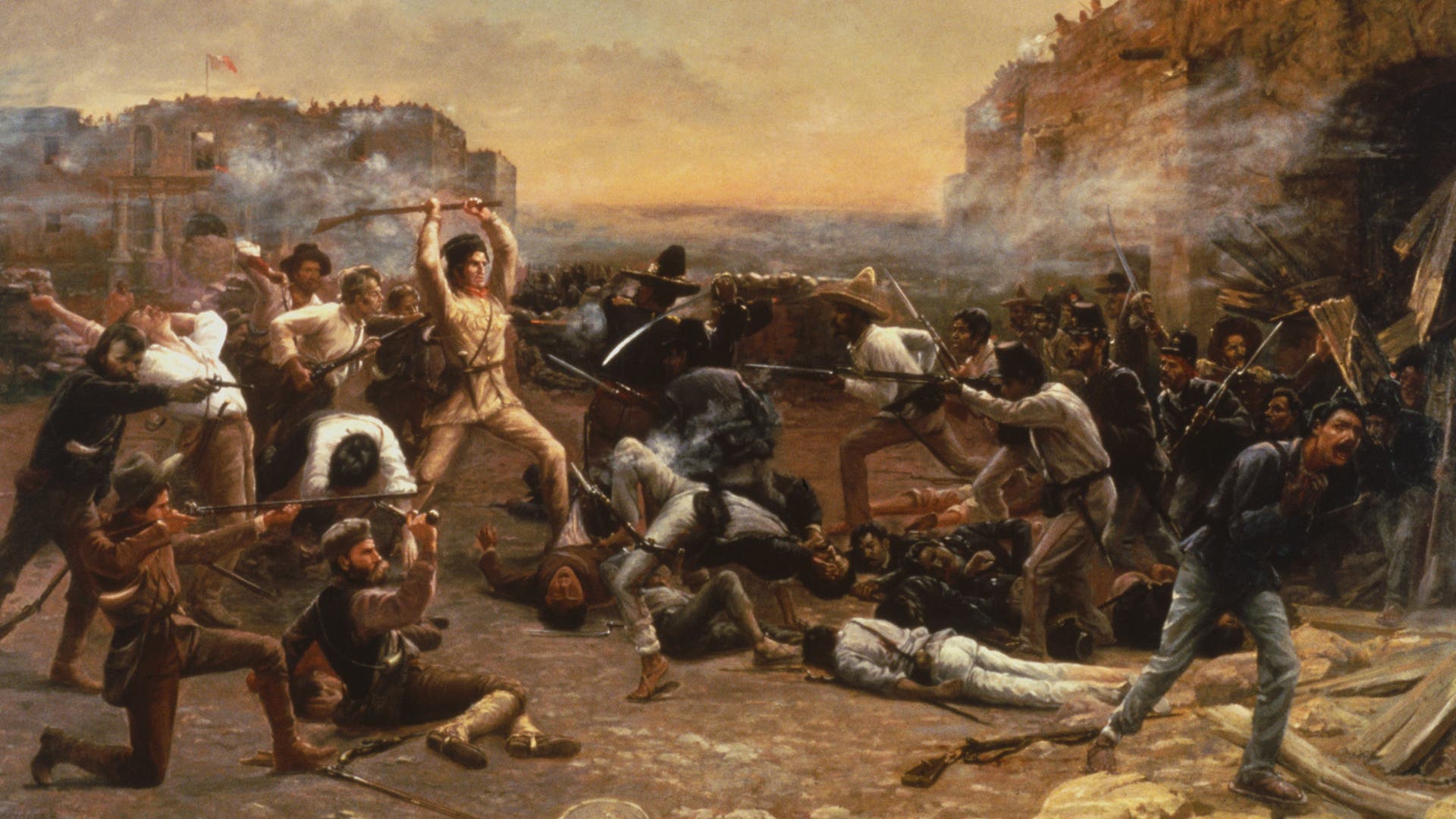 Gallant DefenceThe Texan defenders of the Alamo fighting Mexican soldiers within the walls of the fortress. Davy Crockett (1786 - 1836), centre right, with his rifle above his head, died in the siege. (Photo by MPI/Getty Images)