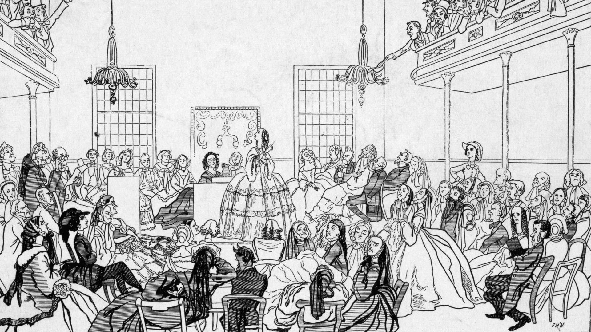 Illustration of First Women's Rights Convention in 1848(Original Caption) Seneca Falls, NY: Cartoon representing feminist speaker denouncing men at the first Women's Rights Convention, July 19-20, 1848, Seneca Falls, NY, where the American feminist movement was launched. Undated engraving. BPA2# 5480