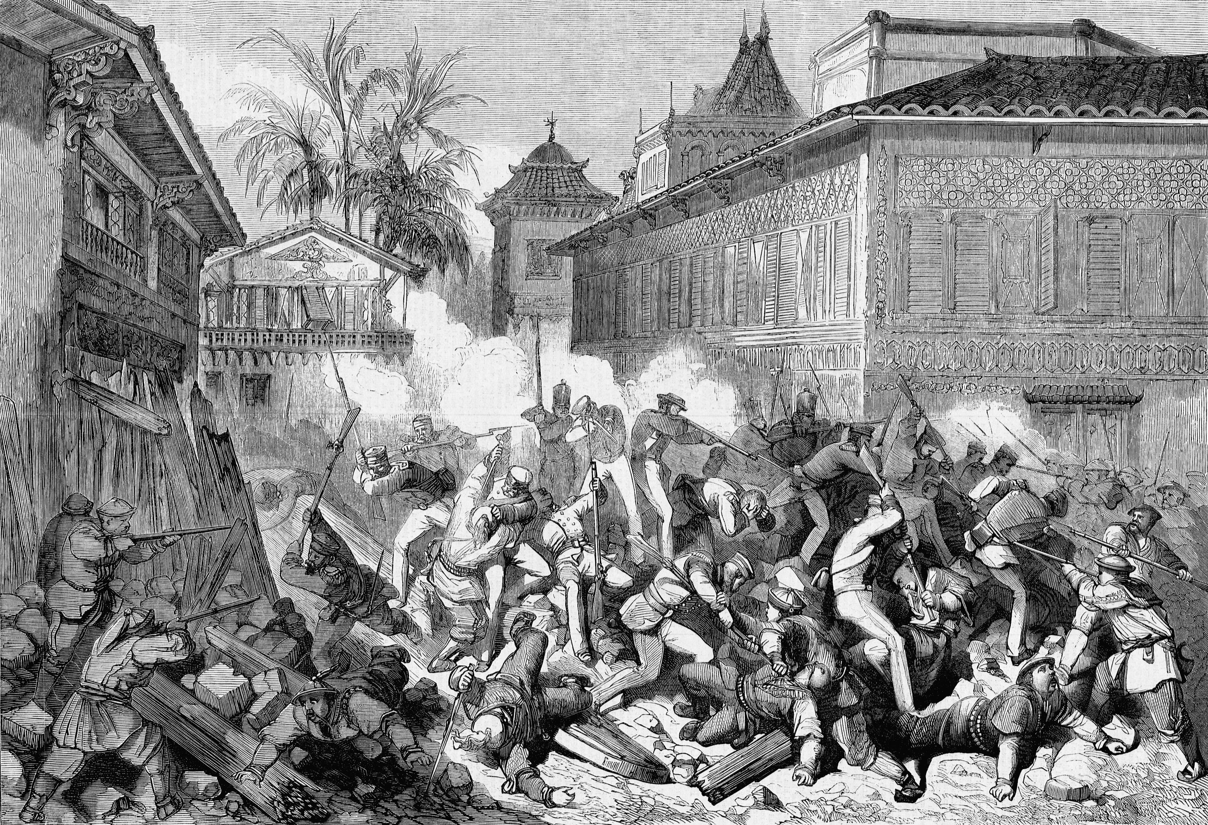 Allied French and English troops storm through a breech in the fortifications of Canton (Guangzhou), China. The event occurred during the Taiping Rebellion, a war begun by a Kwangsi district schoolmaster and mystic Hong Xiuquan, 38, who believed himself the younger brother of Jesus Christ.