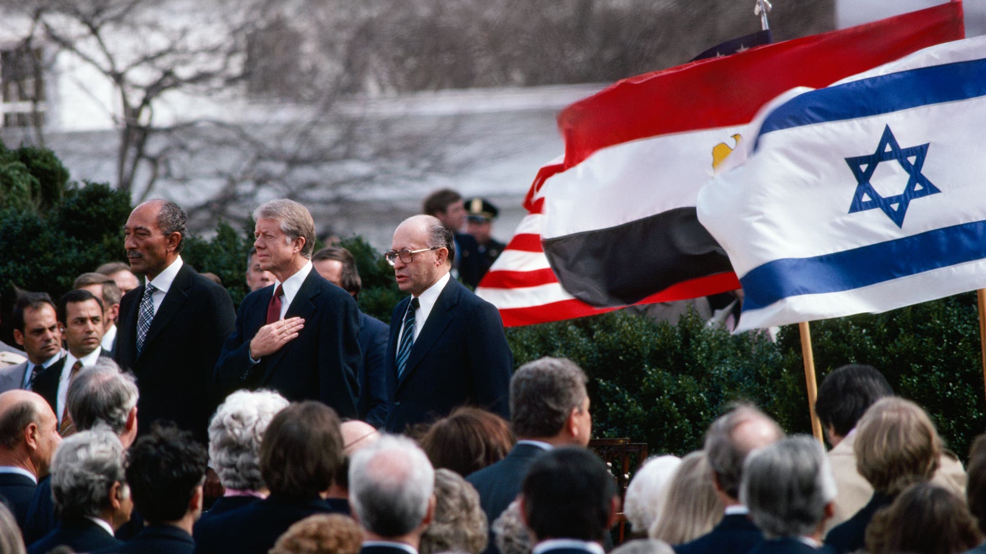 Egyptian President Anwar El-Sadat, US President Jimmy Carter, and Israeli Prime Minister Menachem Begin, 1979. Camp David Accord, Egypt-Israel Peace Treaty